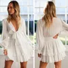 Party Dresses White for Women Summer Sexy V Neck Bow Bandage Hollow Out Long Sleeve Beach Short Street Wear ZD1662 221203