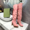 Botas de lona beige rojas de cuero genuino Botas sobre la rodilla Botas de diseñador para mujer Cordones con cremallera Zapatos casuales Moda de tacón alto Mujer de lujo