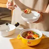 Bowls Ceramic Cartoon Salad Soup With Lid Instant Noodle Bento Box Student Office Panda Cat Tableware 221203