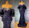 Vestidos de noite azul marinho fora de ombro de mangas compridas Apliques de renda de renda com mi￧anga de tamanho plus size aso ebi afircan vestido de baile