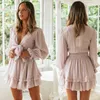 Party Dresses White for Women Summer Sexy V Neck Bow Bandage Hollow Out Long Sleeve Beach Short Street Wear ZD1662 221203