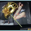 Party Masks Woman Mask on Stick Sexig Eyeline Venetian Masquerade Party Sequin Lace Edge Lateral Flower Gold Sier Color