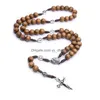 Collane con ciondolo Gioielli religiosi Tessuti a mano Perline di legno Borwn Rosario Neckalce Lega Vergine Gesù Croce Collana per uomo Donna Dro Dhot8