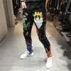 Men's Jeans Fashion Streetwear Black Color Paint Printed Designer Hip Hop Pants Slim Fit Elastic Punk Style Pencil0ugq