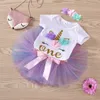 Summer Baby Clothing Set Girls Unicorn Print Birthday Wear Suit Short Sleeve Romper Top Color Tutu kjol Floral pannband Tredelar Toddlerutrustning M4255