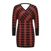 Casual Dresses Retro Plaid Knit Bodycon Dress V-ringning Lantern Slim tröja Kontor Lady Winter for Women Vestido de Mujer