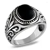 Cluster Rings 925 Sterling Silver Thai Black Agate Red Garnet Ancient Rattan Gemstone Men's Ring