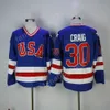 1980 USA Hockey Maglie 17 Jack Ocallahan 30 Jim Craig 21 Mike Eruzione Jersey Uomo Vendita Team Colore Blu Bianco Cucito