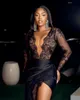 Black Lace Evening Dresses Big V Neck Long Sleeves High Slit Women Party Prom Dressing Gowns Mermaid Plus Size