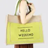 Sac de Shopping en Jute avec lettres Hello Weekend, sacs de plage en toile pour femmes, sac à bandoulière de nuit JA091