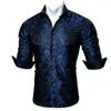 Herrklänningskjortor Barry Wang Fashion Navy Blue Paisley Silk Shirt Men Långärmad avslappnad blomma för designer Fit BCY-00512432