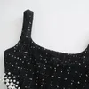 2024CASUAL DENSER Kvinnor Vintage Tweed Black Plaid Hollow Out Dress Female Pearl Decoration Slim Square Collar Mini
