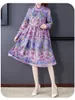 Robes décontractées 2022 printemps automne vintage femmes col montant manches longues robe de broderie violette femme douce une fleur de lin