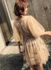 Ethnic Clothing V-Neck Ball Gown Dress Sexy Perspective Puff Sleeve Short Lady Cheongsam Exquisite Bling Star Sequins Retro Banquet Vestiods