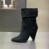 Paris Niki Booties Noir Suede Pekade Toe Boots Cone Heel Metal Logo Folded Shaft Shoes Fashion New Season