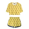 Tute da donna Stampa 3D Animali carini Donna Set due pezzi Crop Top T-shirt Pantaloncini Estate Hip Hop Ragazze Abiti graziosi Abbigliamento giallo