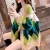 Women's Knits Tees Sweater Cardigan Knitted Coat Vneck Plaid Thermal Korean Fashion 221206