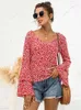 Kvinnors blusar 2022 Summer Floral Print Blue Women V Neck mode blossade l￥ng￤rmad eleganta skjortor toppar avslappnad plus storlek blusa