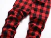 Men's Jeans Red Plaid Men Fashion Slim Fit Stretch Trousers Korean Mid Waist Straight Leg Homme Casual Cotton Denim Pencil Pants