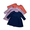 Ins Soft Girls Çocuklar Giyim Elbise Bahar Yuvarlak Yaka Düz Renk Uzun Kollu% 100 Pamuklu Kız Elbise