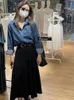 Kvinnor BLOUSES 2022 Autumn Winter Women Turn-Down Collar Solid Color Denim Shirt Loose Long Sleeve Harajuku Design Streetwear Daily