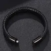 Bangle ELANUOYY Men Fashion Jewelry Black Braided Leather Bracelet Stainless Steel Magnetic Clasp Weave Bangles Gifts