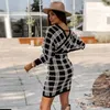 Casual Dresses Retro Plaid Knit Bodycon Dress V-ringning Lantern Slim tröja Kontor Lady Winter for Women Vestido de Mujer