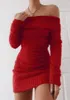 Lässige Kleider Schulterfrei Frauen Pullover Figurbetontes Kleid Sexy Französisch Gestrickte Langarm Rosa Y2k Vintage Winterkleidung Schlanke Strickwaren