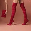 Herbst und Stiefel Frühling 2024 Rot Overknee 399 Damen Stiletto Spitzschuh Hochhackig Elastisch Große Größe Mode 508