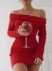 Lässige Kleider Schulterfrei Frauen Pullover Figurbetontes Kleid Sexy Französisch Gestrickte Langarm Rosa Y2k Vintage Winterkleidung Schlanke Strickwaren