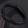 Bangle ELANUOYY Men Fashion Jewelry Black Braided Leather Bracelet Stainless Steel Magnetic Clasp Weave Bangles Gifts