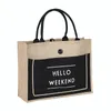 Sac de Shopping en Jute avec lettres Hello Weekend, sacs de plage en toile pour femmes, sac à bandoulière de nuit JA091