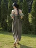Sukienki swobodne styl vintage girl girl cottagecore patchwork sukienka dla kobiety zszywki Suspender Puff Sleeve Korean Design Długie kobiety