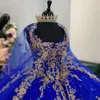 Royal Blue Quinceanera Dresses Gold Appliques Sparking Star Patroon Sweet 15 Girls Prom Jown Ball Jurk met mantel