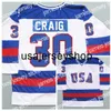 Hockey Jerseys Man Retro 1980 USA ICE 17 Jack Ocallahan 21 Mike Eruzione 30 Jim Craig Sticthed Niebieski biały rozmiar