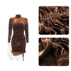 Autumn Winter Women Casual Dresses Elegant Velvet Long Sleeve Mini Wrap Dress Bodycon Dresses Pleated Ruched Side Drawstring