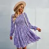 Casual Dresses Elegant Floral Print Loose Women Mini Dress Autumn Winter Sexy O Neck Long Sleeve A Line Hem Pleats Party Evening Robe