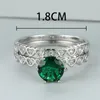 Fedi nuziali Cristallo verde Pietra rotonda Fidanzamento Doppio anello color argento alla moda Zircone bianco Cuore d'amore Set per donna Set sposa