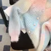 Women's v-neck sweet mohair wool knitted gradient color 3D butterfly rhinestone patched sweater cardigan coat SML