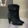 Paris Niki Booties Noir Suede Pekade Toe Boots Cone Heel Metal Logo Folded Shaft Shoes Fashion New Season