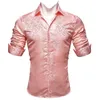 Mäns casual skjortor herrkorall rosa män silkskjorta mode långärmad vridning krage paisley fit party busines barry.wang cy-626