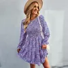 Casual Dresses Elegant Floral Print Loose Women Mini Dress Autumn Winter Sexy O Neck Long Sleeve A Line Hem Pleats Party Evening Robe