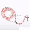 Pendant Necklaces Pink Polymer Clay Bead Rosary Pendant Necklace Alloy Cross Virgin Mary Centrepieces Christian Catholic Religious J Dhjsc