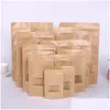 Sacs d'emballage Sac en papier kraft 12 tailles Stand Up Cadeau Aliments secs Fruits Thé Emballage Pochettes Fenêtre Détail Fermeture à glissière Auto-étanchéité Goutte de Dhjsc