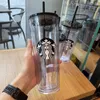 2022 Starbucks sj￶jungfru gudinna 24oz/16oz dubbel plast tumlare botten kopp gudinna g￥va lock ￥teranv￤ndbart transparent dricka platt tumblers halm