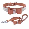 Colliers pour chiens Pet Strass Arc Noeud Collier Chat Bling Doux Mignon Cravate PU Fournitures En Cuir 1207