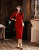 Etnische kleding fzslcyiyi traditionele kanten trim mandarijn kraag driedelige mouw corduroy qipao dames bruiloft cheongsam