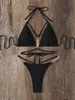 Bras sätter para praia svart halter pärla bikini kvinnliga baddräkt kvinnor badkläder tvådelar thong bikini set backless baddräkt t221206