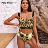 Conjuntos de sujetadores Para Praia Vintage Print Bikini Set Mujer Sexy Lace String Traje de baño Mujeres Bandeau Bikini Cintura alta Ropa de playa Traje de baño T221206