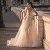 Berta dentelle robes de mariée dos nu robes de mariée pailletées manches courtes pure décolleté en V profond une ligne balayage train Tulle robe de Novia